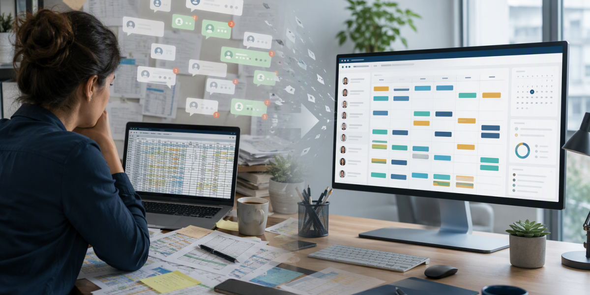 Küçük işletme yöneticisinin Excel vardiya tablosu ve WhatsApp mesajları yerine düzenli bir vardiya planını incelediği çalışma ortamı.