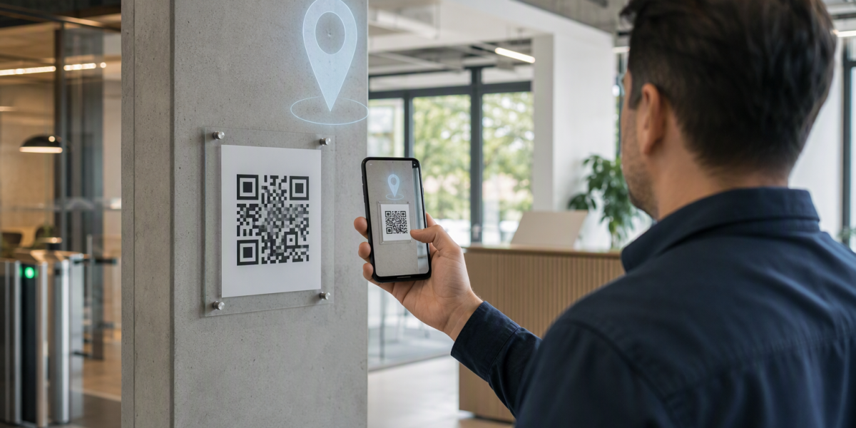 Çalışanın QR kod okutarak konum doğrulamalı giriş kaydı oluşturduğu vardiyalı iş yeri senaryosu.